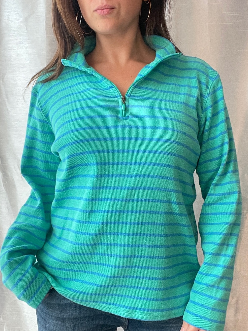 L.L.Bean Striped Quarter Zip Pullover Sweater Green Coastal Grandma Preppy Large